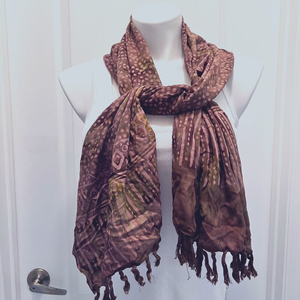 Tangerine Temple-Women's Scarf-NWOT-Purple/Brown, Green-60" x 23"-Fringes-Warm
